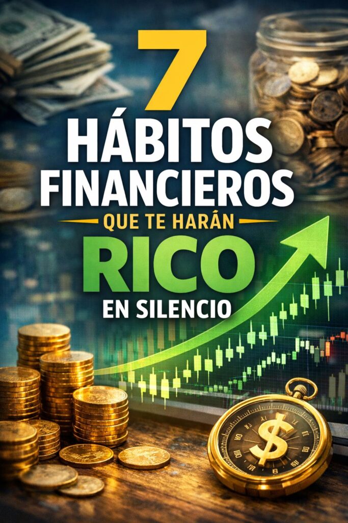 Infografía sobre 7 hábitos financieros para mejorar las finanzas personales, ahorrar dinero e invertir para construir riqueza a largo plazo.
